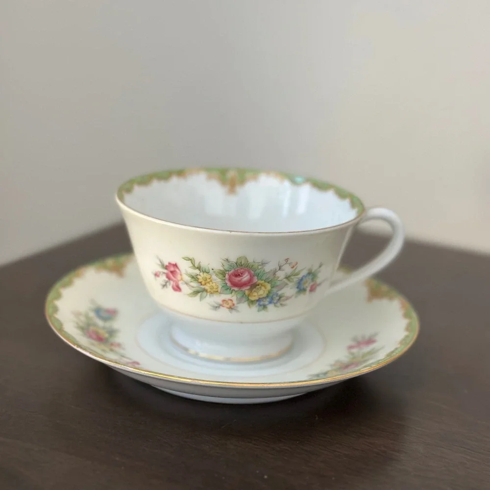 Sango China Cup Saucer Floral Green‎ Gold Rim Vintage Victorian Pattern